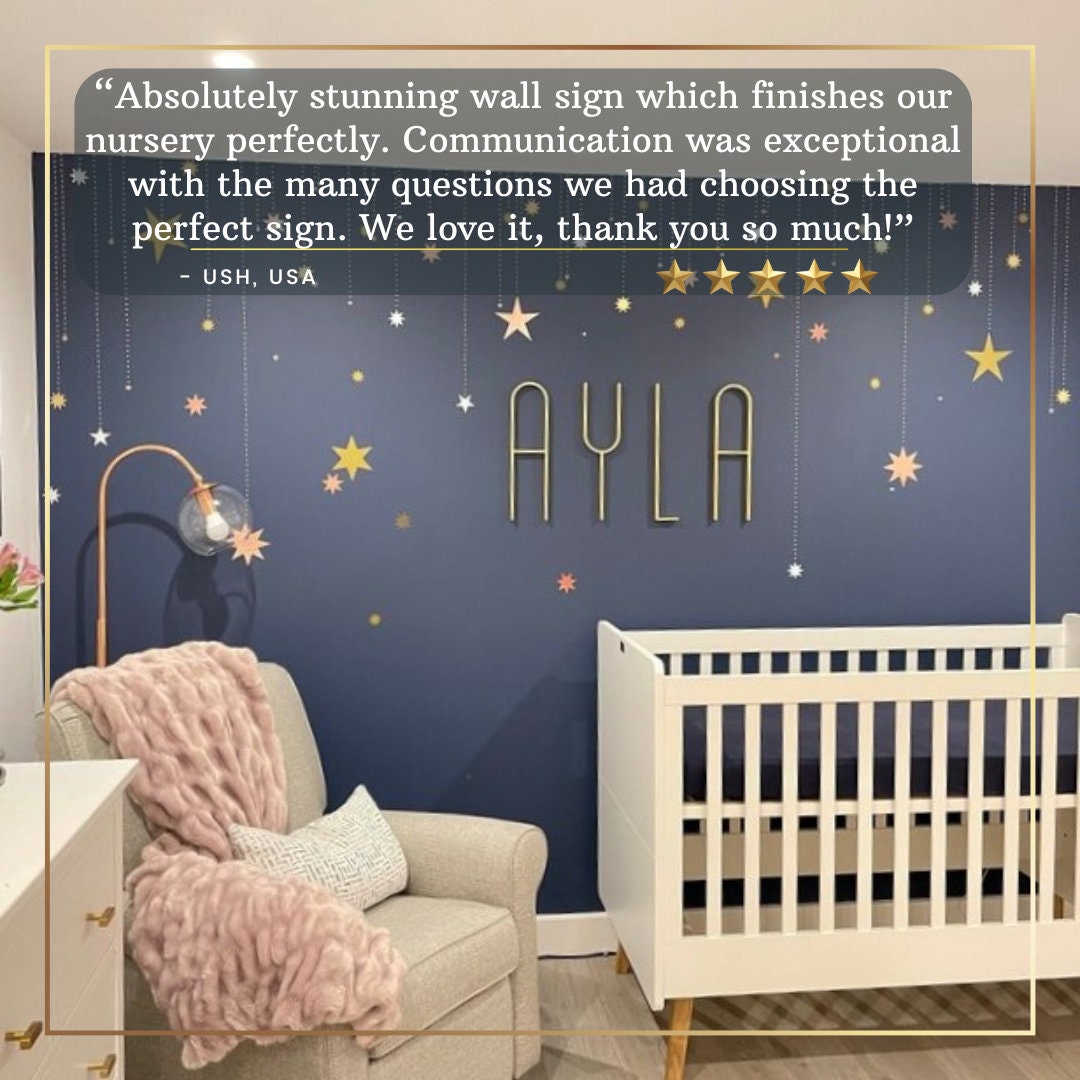 a baby's room with a blue wall and stars on the wall