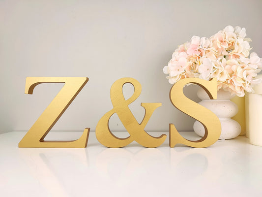 Custom Wedding Table Letters – Personalised Couple Gift, Freestanding Wooden Initials with & Sign